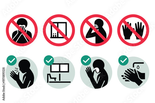 Virus prevention icons illustration set, prohibition signs showing hygiene measures to avoid illness and prevent spreading infection for health safety awareness.