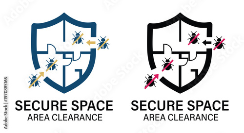 Secure Space Area Clearance Pest Control Logo Featuring Shield and Bug Silhouette Icon for Professional Fumigation and Home Protection Services