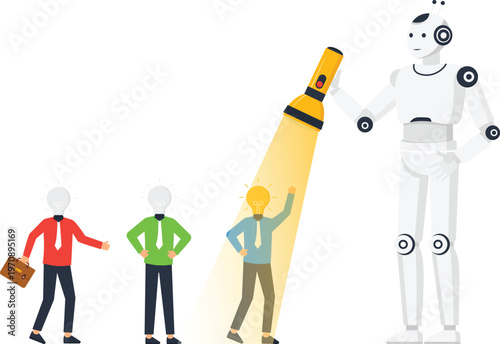 Robot selection artificial intelligence finding talent bright idea business concept innovation discovery talent search flat design modern technology successful idea