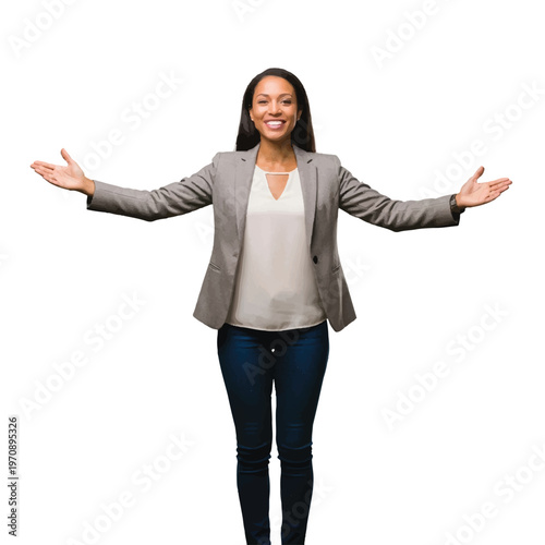 Confident woman in business casual with open arms and welcoming smile standing in a studio.