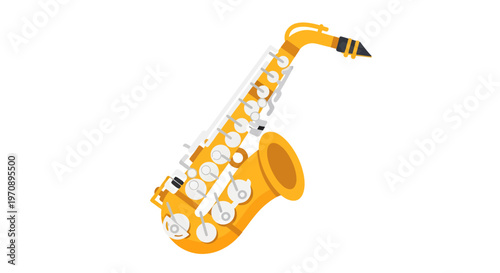 Golden Saxophone Vector Illustration, Flat Design Graphic Element for Jazz Music, Orchestra, Concerts, and Musical Education Resources on White Background