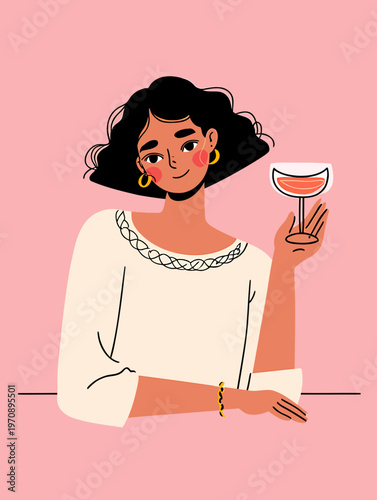 Charming illustration of a cheerful young woman enjoying a moment with a wine glass, perfect for lifestyle, wellness, and social media marketing. Ideal for advertisements, blog posts, and editorial 