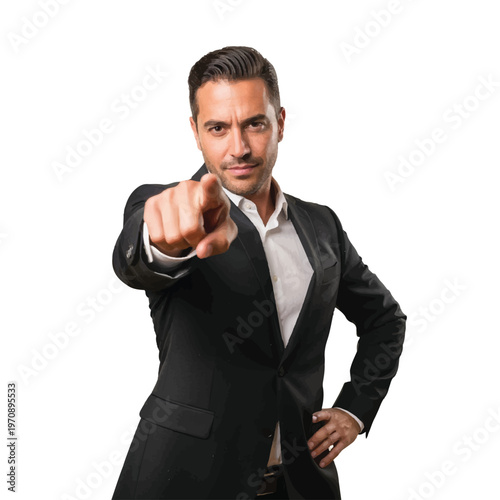 Confident businessman in a sharp suit pointing directly at the camera.