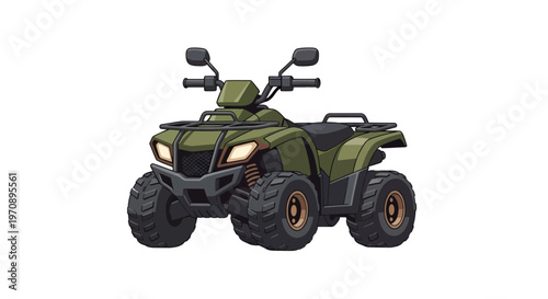 Green ATV All-Terrain Vehicle Vector Illustration Isolated on White Background for Off-Road Adventure, Recreation, and Sport Utility Design