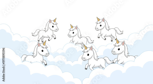 Group of Cute Unicorns Vector Illustration Floating on Dreamy Blue Clouds in Cartoon Style for Children's Fantasy Designs, Magical Themes, and Whimsical Concepts
