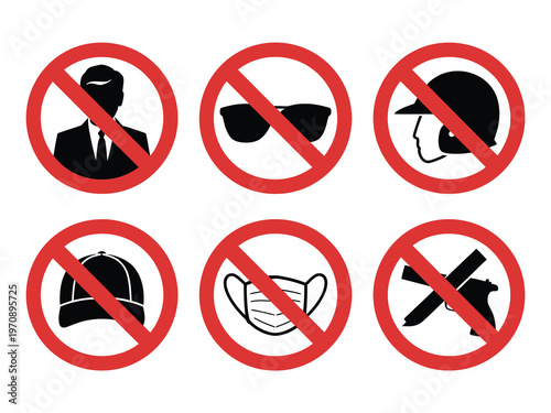 Fotografía Prohibition signs illustration set, no hoodie sunglasses helmet hat mask gun and knife symbols for safety rules and restricted access signage