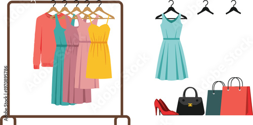 Fashion Clothing Collection Set with Dresses on Rack, Handbags, High Heels and Accessories Modern Boutique Style Vector Illustration