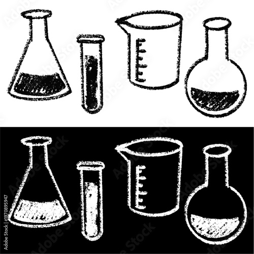 Set editable chalk drawing lab bottle vector for chemistry classes. Ideal for symbolizing school science experiments, vintage laboratory studies, and chalkboard magic.