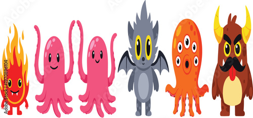 Cute Fantasy Monster Character Set with Fire Creature Octopus Bat and Horned Beast Cartoon Mascots for Kids Vector Illustration