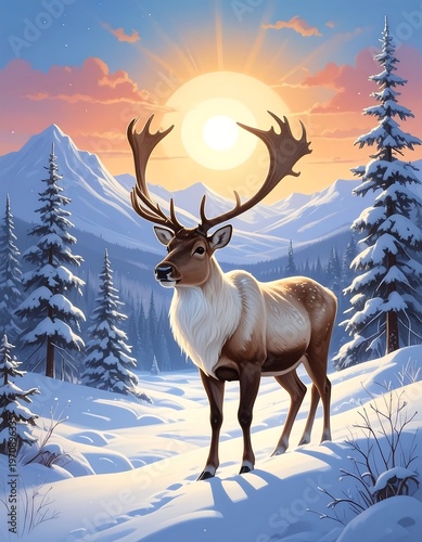 A majestic reindeer stands in a snow-covered landscape with evergreen trees and a bright sun rising over distant mountains