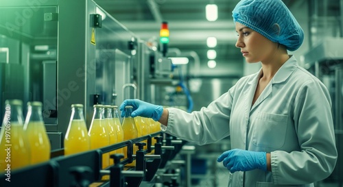 Woman in protective gear inspecting bottles of yellow liquid on an automated production line