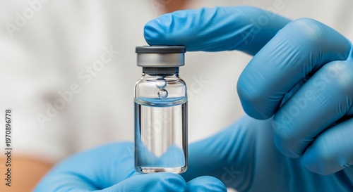 Close up of blue gloved hands holding a clear glass vial with liquid Medical