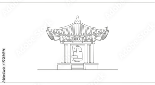 Korean Bell Pavilion Line Art Drawing, Traditional Architecture, Cultural Symbol