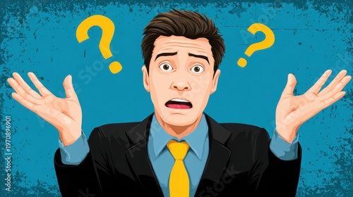 A bewildered man in a suit gestures with palms up under floating yellow question marks