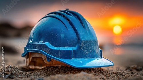 A blue construction helmet sits in sand with a vibrant orange sunset in the blurred background