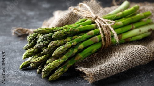 A bundle of vibrant green asparagus spears tied with twine, resting on rough burlap fabric