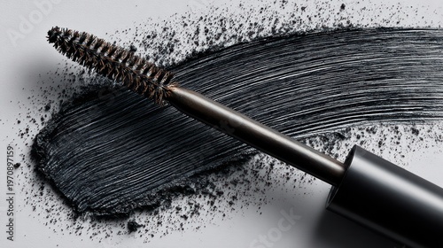 A close-up of a mascara brush applying thick black product, with flakes on a white surface