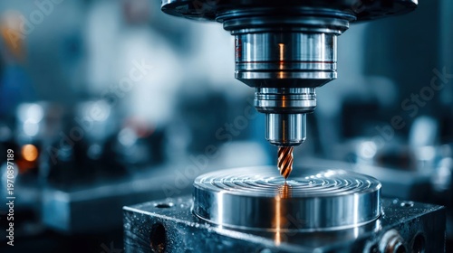 A CNC milling machine precisely drills into a metal disc, close-up with a soft background