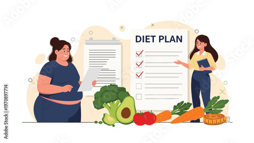 Smiling nutritionist consulting with an overweight female client about a healthy diet plan surrounded by fresh organic vegetables.