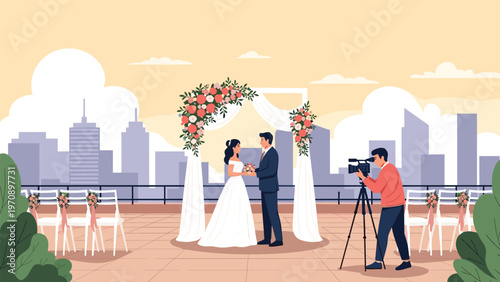 Professional videographer filming a beautiful outdoor wedding ceremony on a city rooftop with a happy couple under a floral arch.