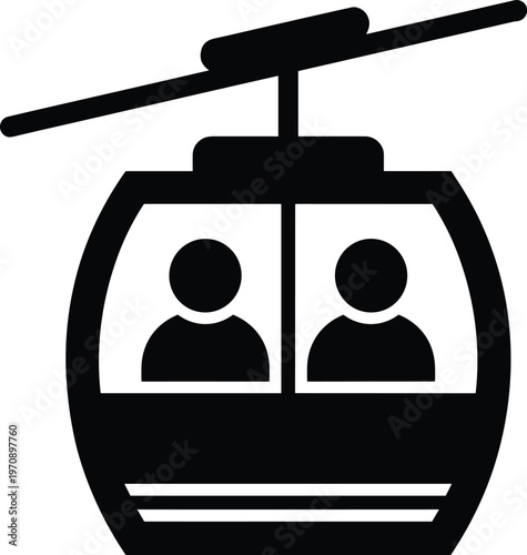 Cable car gondola silhouette with passengers, representing transportation, travel, tourism, and mountain lift concept, isolated on white background for design and mobility themes