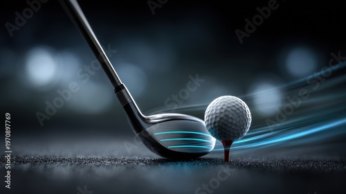 A golf club about to hit a ball on a tee, with motion trails against a blurred background