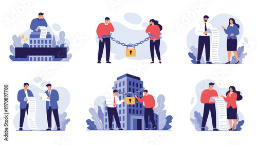 Various flat character scenes depicting individuals and couples struggling with heavy financial debt and unpaid bills in modern life.