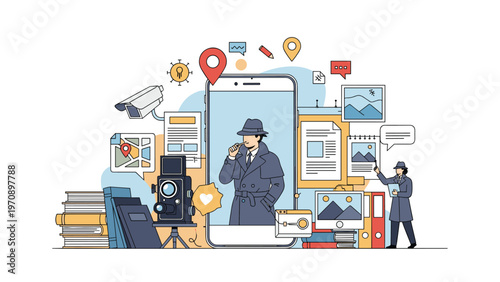 Modern technology concept showing social media automation processes with robotic arms and human monitoring on an isometric mobile device.