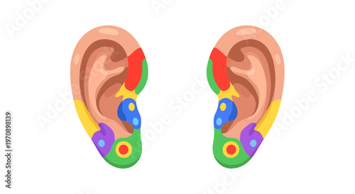 Human Ear Reflexology Zones Vector Illustration - Colorful Anatomical Diagram for Alternative Medicine and Wellness Therapy