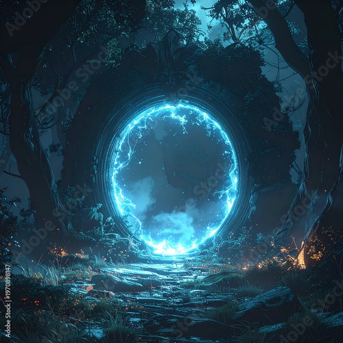 Mysterious glowing blue portal in a dark, enchanted forest, fantasy scene.
