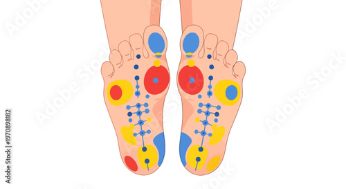 Human Feet Reflexology Points Vector Illustration with Detailed Acupressure Map and Zones for Alternative Medicine, Holistic Healing, and Wellness Therapy