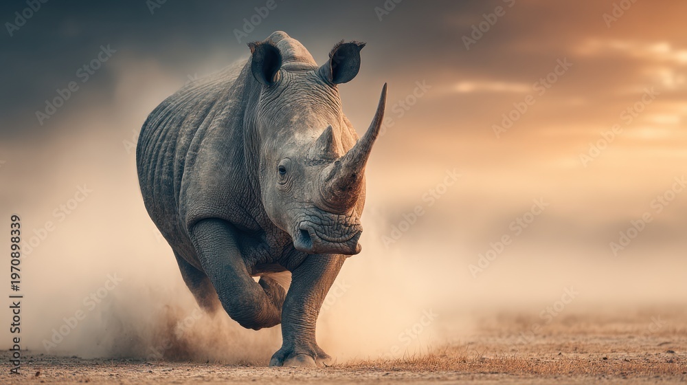 Fototapeta premium A massive rhino charges towards the camera, dust billowing in the sunset