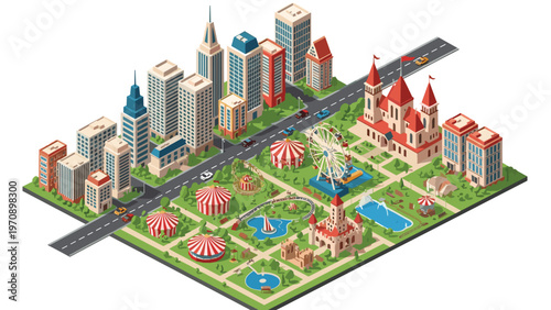 Isometric view of a bustling city featuring a large amusement park with a ferris wheel and colorful circus tents.