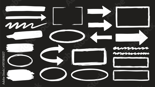 Various black brush drawn curved arrows. Collection doodle marker thick arrows in different directions. Grunge rough direction shape for design. 