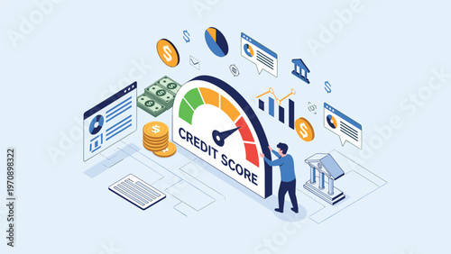 Isometric illustration shows a businessman pushing the needle of a credit score gauge to improve his financial status.