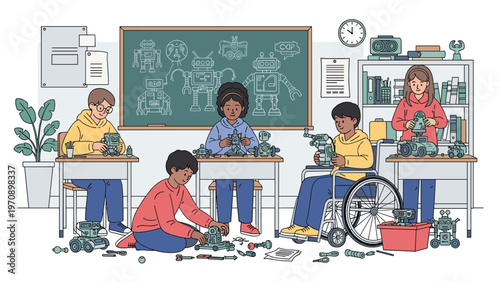 Group of diverse elementary school students works together in a robotics classroom to build and program machines.