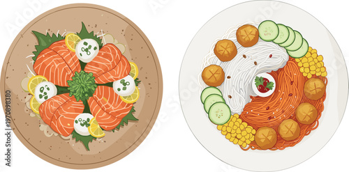 Top View Asian Cuisine Set Featuring Salmon Sashimi Platter and Korean Noodle Dish with Vegetables Meatballs and Garnishes Illustration