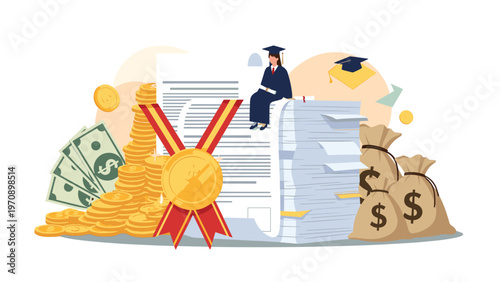 Student sits on a massive stack of papers and financial documents representing the concept of education funding.