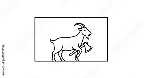 Goat Holding Axe Icon, Minimalist Line Art