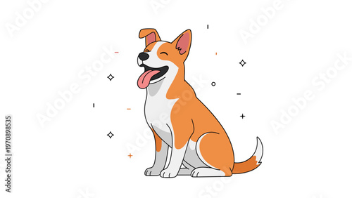 Happy dog with a white and orange coat sits comfortably and sticks out its tongue against a simple background.