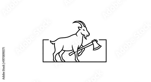 Goat Holding Axe in Rectangle Frame - Minimalist Line Art Logo