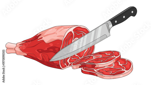 Large piece of raw marbled beef is being precisely sliced into steaks by a sharp chef knife on a white surface.