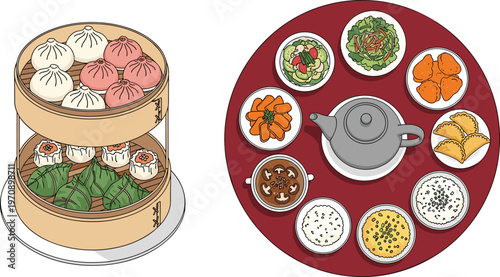 Traditional Asian Dim Sum Set Featuring Steamed Dumplings Bamboo Basket Tea Pot and Assorted Chinese Cuisine Dishes Top View Illustration