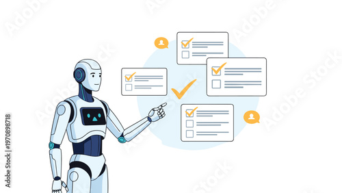 Advanced white robot uses its hand to point at several digital task checklists with checked boxes on a blue background.