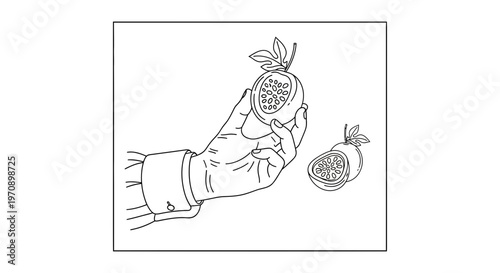 Hand holding half passion fruit, fresh fruit cut in half, healthy food, tropical fruit, organic food, close-up