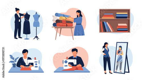 Detailed illustration set shows the various steps of tailoring including measuring fabric, sewing, and fitting clothes.