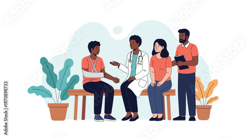 Professional doctor explains a diagnosis to a patient with a broken arm and his family in a hospital waiting area.