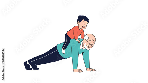 Energetic grandfather performs pushups on the floor with his young grandson sitting playfully on his back for fun.