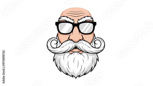 Detailed character design of an elderly man with a large white handlebar mustache and beard wearing black glasses.