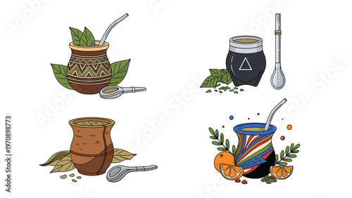 Collection of different traditional yerba mate cups and straws is shown with green leaves and orange fruit accents.